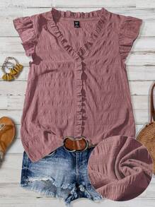 SHEIN LUNE Plus Size Women's Solid Color Textured Fabric V-Neck Ruffle Trim Short Flare Sleeve Fitted Casual Regular Shirt - Dusty Pink - View 1