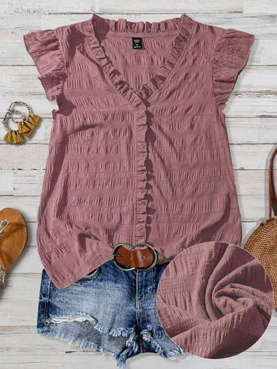 Linhara Plus Size Women's Solid Color Textured Fabric V-Neck Ruffle Trim Short Flare Sleeve Fitted Casual Regular Shirt