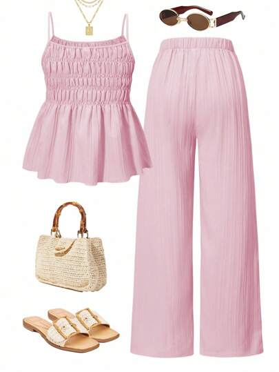 Sparklyn 2pcs/Set Teen GirlCasual Camisole Top And Wide Leg Pant Set, Summer, School, Campus, College Summer Holiday
