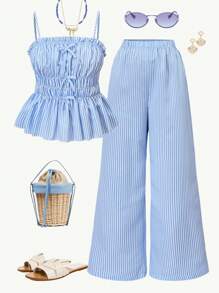 Set de 2 piezas de top con tirantes y pantalones a rayas con lazo delantero para adolescentes chicas - Azul - Ver 1