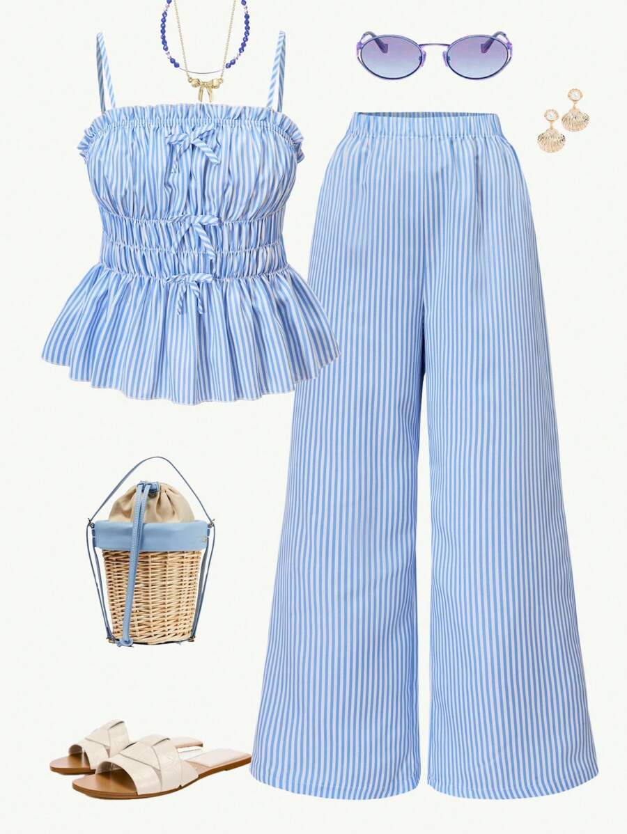 Set de 2 piezas de top con tirantes y pantalones a rayas con lazo delantero para adolescentes chicas - Azul - Ver 1