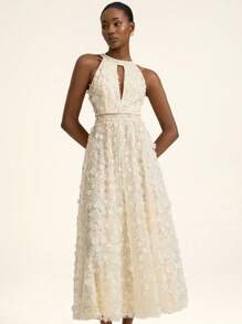 Aveloria Rosie Romantic Elegant Minimalist Sophisticated French Woman Luxury Occasion High-End Design Exquisite Beaded Embroidery Fabric Halter Sexy Hollow-Out Waist-Defining Flowy Maxi Dress, Sleeveless, For Women