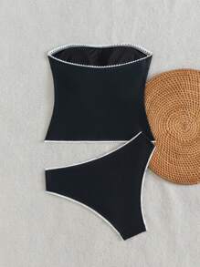 Swim Mod-D 女士纯色细肩带蝴蝶结串珠装饰吊带比基尼 - 黑色 - 查看 4