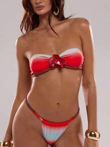 SHEIN BAE 女士三件套泳衣套装，包括抹胸比基尼上衣、丁字裤和分层裙子，性感、优雅、复古、花卉印花、扎染渐变、系带，适合派对和节日 - 紅色 - 查看 9