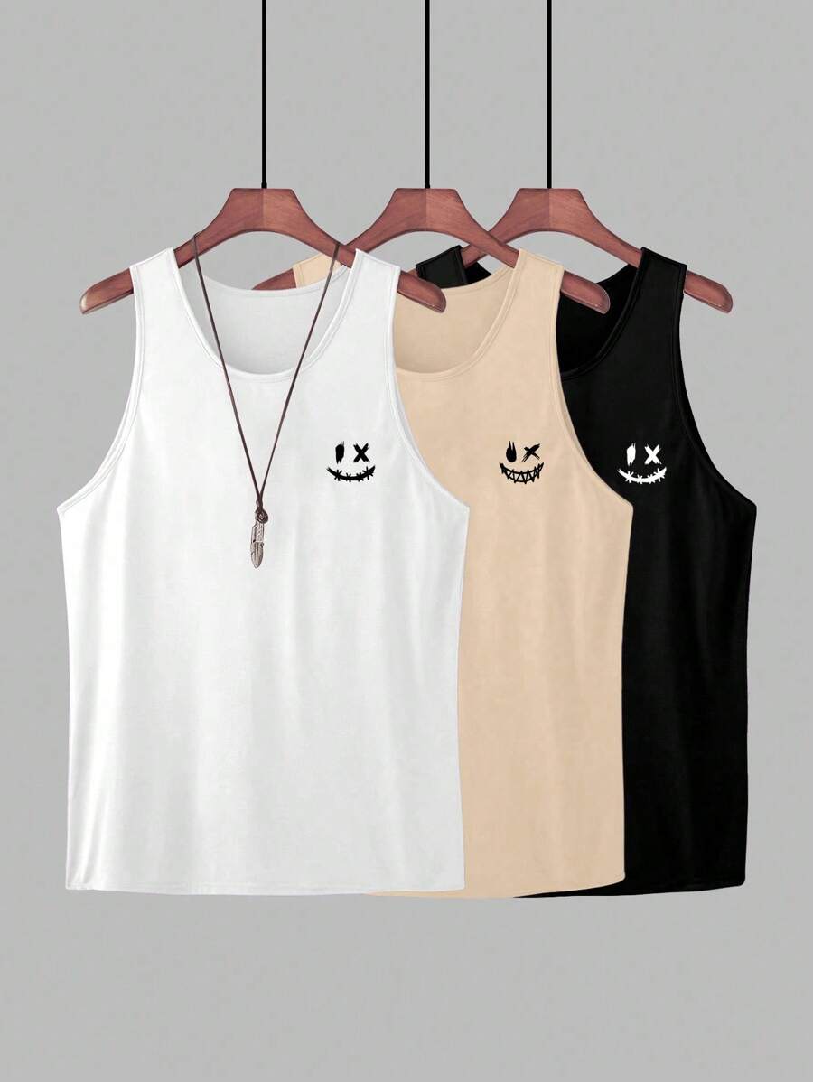 SHEIN 3pcs/Set Tween Boys' Cute Graphic Round Neck Tank Top, Casual For Commute, School, Daily Wear, Suitable For Spring & Summer