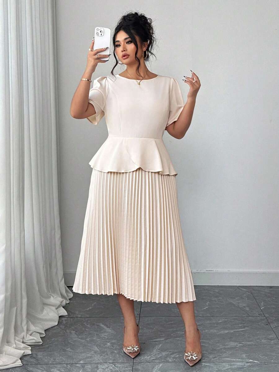 Elenzga Đầm dài tay 2 trong 1 thanh lịch màu trơn cỡ lớn cho nữ, cổ tròn đơn giản, viền xếp ly, trang phục mùa hè thanh lịch cho nữ, đầm mùa xuân, đầm trang trọng cho nữ, đầm dạ hội, đầm tốt nghiệp, dự tiệc cưới - Rượu sâm banh - Xem 1