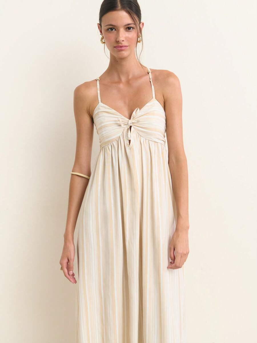 Nöista 条纹连衣长裙，胸部褶饰，系带细节。轻盈梭织面料，肩带可调节，是海滩度假、圣约翰郊游或美国独立日休闲装扮的理想之选。