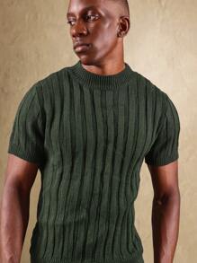 SUMWON Suéter clássico de manga curta com gola alta, modelo ajustado, com padrão linear estiloso, inspirado no visual retrô e vintage - Verde Escuro - Visão 4