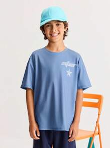SHEIN Tween Boy Loose Casual Minimalist Comfortable Round Neck Short Sleeve Drop Shoulder Digit Print T-Shirt - Royal Blue - View 1