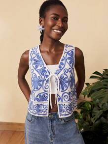Travachic Chaleco ligero con estampado floral y lazo delantero para mujer, adecuado para vacaciones, estilo casual de verano, bohemio, playa, boho chic, festivales, salidas, estilo de vacaciones, bohemio casual, graduación, cumpleaños, esenciales de playa, aeropuerto, verano europeo, campo, vuelta al cole, homecoming, estilo old money, streetwear para mujer, Y2K, salida nocturna, otoño, invierno, lindo - Azul y blanco - Ver 5