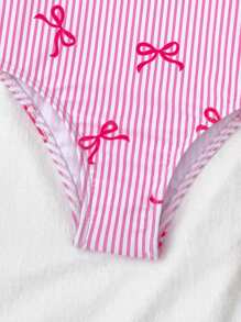 SHEIN Young Girl Knitted Striped Bowknot Design 3D Floral One-Piece Swimsuit Girls Pink Bow Swimsuit Girls Striped Swimsuit One Piece Swimsuit Girls Pink One Piece Swimsuit Girls Swimwear
