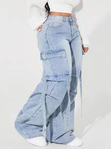 SHEIN ICON 大码褪色简约日常牛仔裤 - 藍色 - 查看 2