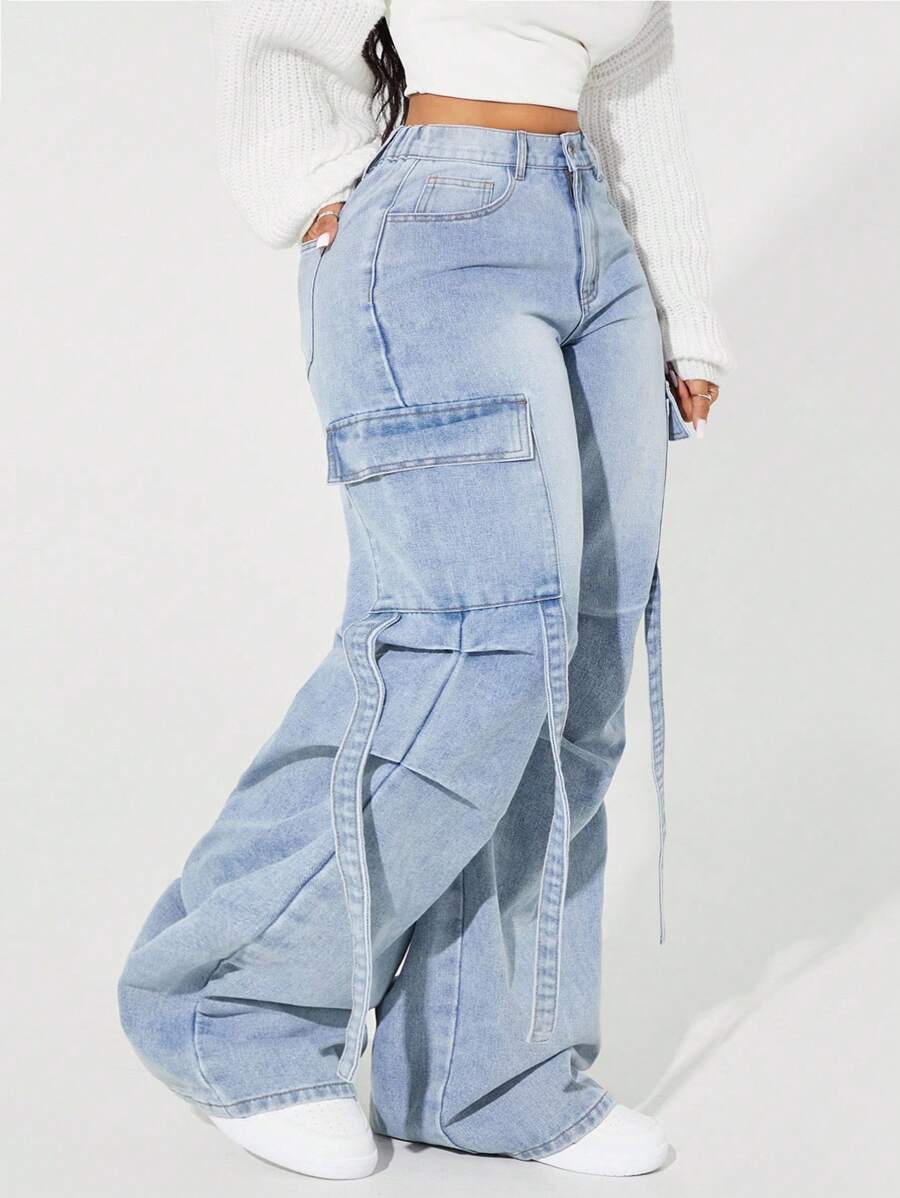 SHEIN ICON 大码褪色简约日常牛仔裤 - 藍色 - View 1