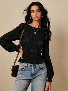 Poéselle 女式纯色圆领休闲百搭长袖上衣 - 黑色 - 查看 6