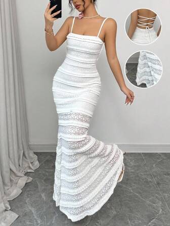 Rafferiza Elegant White Lace-Trimmed Spaghetti Strap Open Back Tie-Up Mermaid Hem Textured Lace Maxi Dress For Women