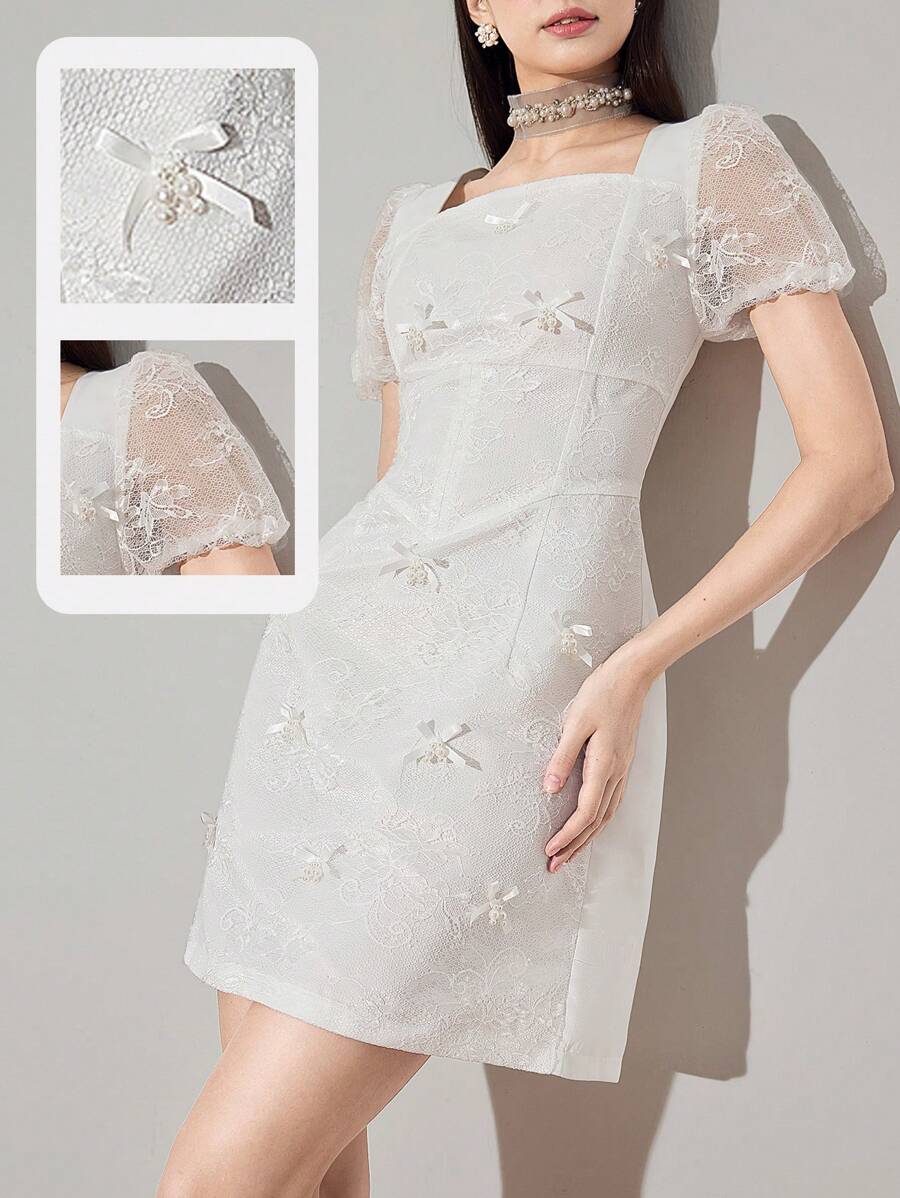 Modelyn 女士优雅蕾丝蝴蝶结珍珠缀饰迷你刺绣连衣裙，生日连衣裙，女士夏季连衣裙，女士派对连衣裙，女士优雅服装，白色连衣裙优雅 - 白色 - 查看 1