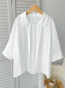 SHEIN Tween Girls Casual Solid White Loose Fitting Batwing 3/4 Sleeve Blouse - White - View 3