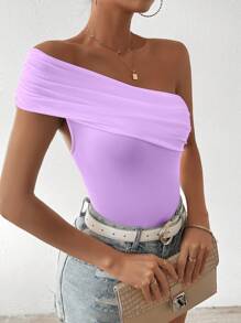 SHEIN Clasi Women Plain Color Ruched Slim Fit Slant Shoulder Neck T-Shirt - Purple - View 5