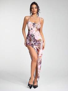 Jeanoix 夏季性感动物图案印花高开叉紧身吊带背心连衣裙 - 彩色 - 查看 5