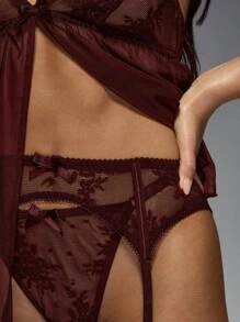 MISSGUIDED Elegant Lace Babydoll Lingerie Set With Garter Belt And Panty Wedding Night Valentine Special Occasion Sleepwear Collection - Burgundy - View 5