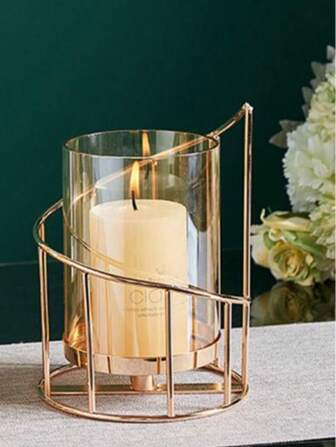 SHEIN 1 件金属丝烛台套装，玻璃柱状烛台金色装饰茶灯烛台适用于家居装饰餐桌装饰中心装饰
