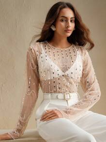 Anewsta Damen neue Mode Resort Stil Langarm Bluse mit Stickerei & Pailletten, elegante Party Bluse