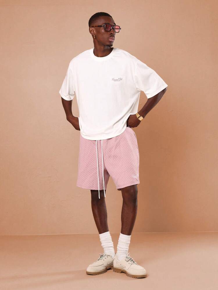 SUMWON Luxury Club Quilted Summer Shorts And Oversized Tee Coordinated Set Lounge Wear Short Sleeve Cotton Blend Casual Matching Outfit