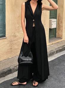 Breezaya Women Two Pieces Set: Solid Mottled Lapel Single-Button Vest & Loose Wide Leg Pants