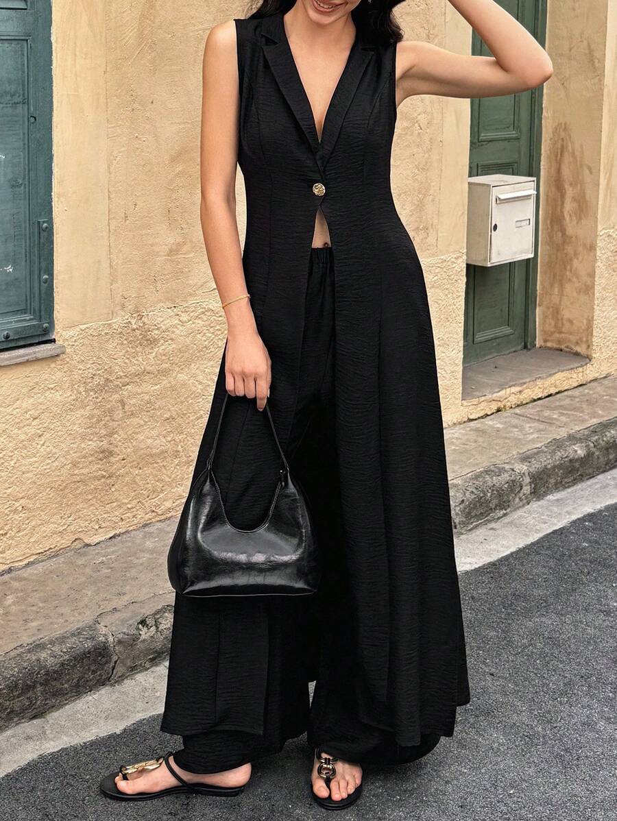 Breezaya Women Two Pieces Set: Solid Mottled Lapel Single-Button Vest & Loose Wide Leg Pants