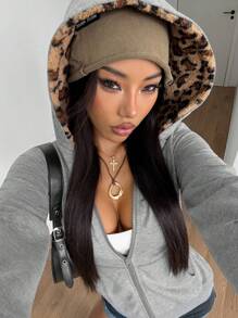 StreetHx 女士灰色修身休闲/办公室/学校通勤套头衫，带有别致的毛茸茸豹纹装饰，百搭 Y2K 朋克风格，轻盈，适合春秋季节，拉链连帽衫秋季 - 灰色 - 查看 1