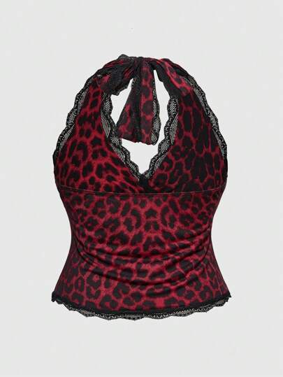 Grunge Punk Plus Size Women Y2K Lace Leopard Print Halter Neck Camisole