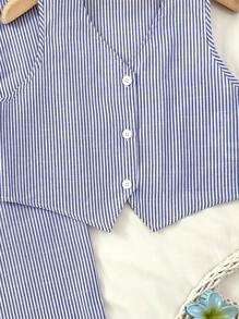 SHEIN Teen Girls Spring/Summer Casual Resort Commute Elegant Striped Contrast Color Sleeveless Vest And Contrast Color Casual Pants Set, Suitable For Holiday, Casual, Beach, Outdoor And Various Occasions