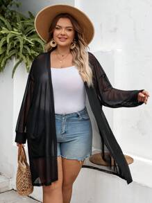 SHEIN CURVE+ Ropa de talla grande con curvas/Ropa escolar/Ropa de vuelta al colegio/Ropa de talla grande para mujer Cárdigan negro ligeramente translúcido de longitud media Chaqueta de talla grande