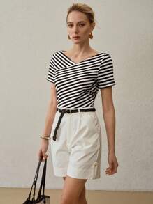 MOTF PREMIUM STRIPED PRINT V-NECK TEE,SUMMER OUTFITS - Black and White - View 7