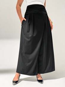 Auralis Plus Size Business Casual Work Women Office Teacher Airport Summer And Autumn New Fashion Casual Commuting Business High Waist Waist Pleated Design With Pockets Long Wide Leg Pants,Wide Leg Pants