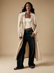 MISSGUIDED Luxury Linen Feel Oversized Trench Coat Double Breasted Maxi Length Spring Fall Fashion Outerwear Classic Casual Elegant