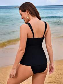 Swim Lushoire 夏季新款纯色镂空开叉下摆背心上衣双肩带高腰下装女两件套比基尼套装 - 黑色 - 查看 2