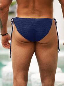 Manfinity Swimmode Quần short đi biển tam giác buộc eo màu trơn cho nam - Màu xanh hải quân - Xem 2