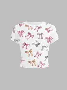 Sparklyn Girls Cute Butterfly Print Asymmetrical Hem Short Crop Top, Suitable For Summer Summer Holiday - White - View 3