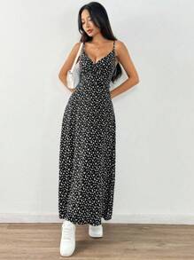 SHEIN MOOSTA Summer Ditsy Floral V-Neck Spaghetti Strap High Waist A-Line Dress Maxi Women Outfit - Black - View 5
