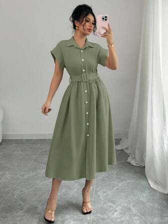 Rafferiza 女式浅蓝色衬衫领中长款休闲连衣裙，春夏