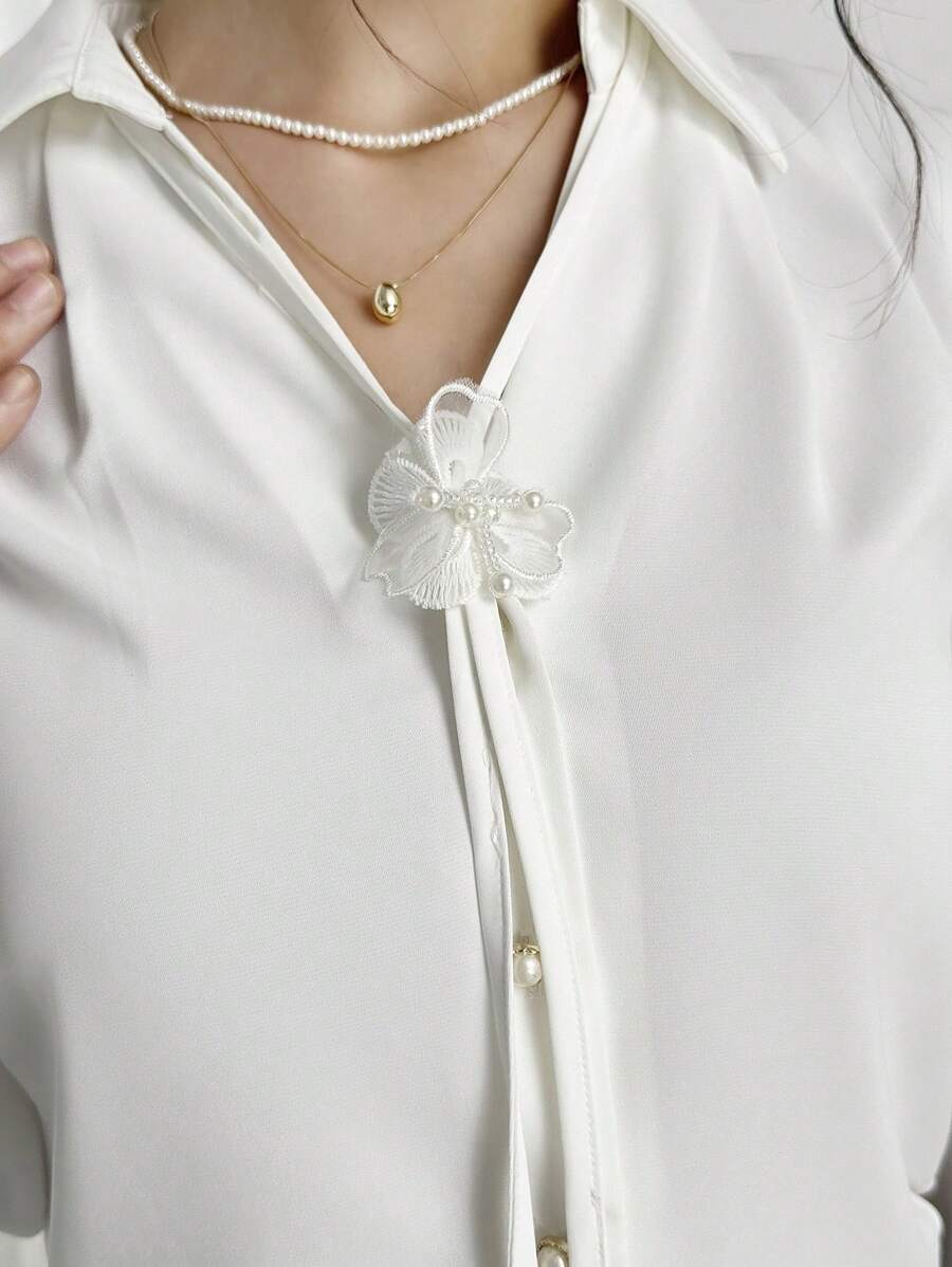 Modelyn Elegant Commuting Solid Color 3D Floral Puff Sleeve Shirt Fall Cloth For Women - White - View 1