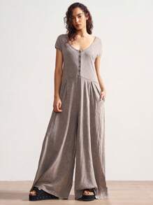 Bohemela Mono bohemio estilo Renacimiento de algodón lavado de punto con cuello cuadrado y manga corta para mujer, verano - Gris - Ver 6