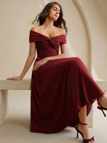 Anewsta 露肩优雅性感酒红色紧身连衣裙，适合婚礼、毕业典礼等场合