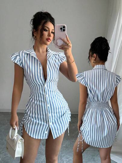 Selianne Vestido camisa de manga corta con cintura entallada a los lados y rayas azules, elegante para vacaciones