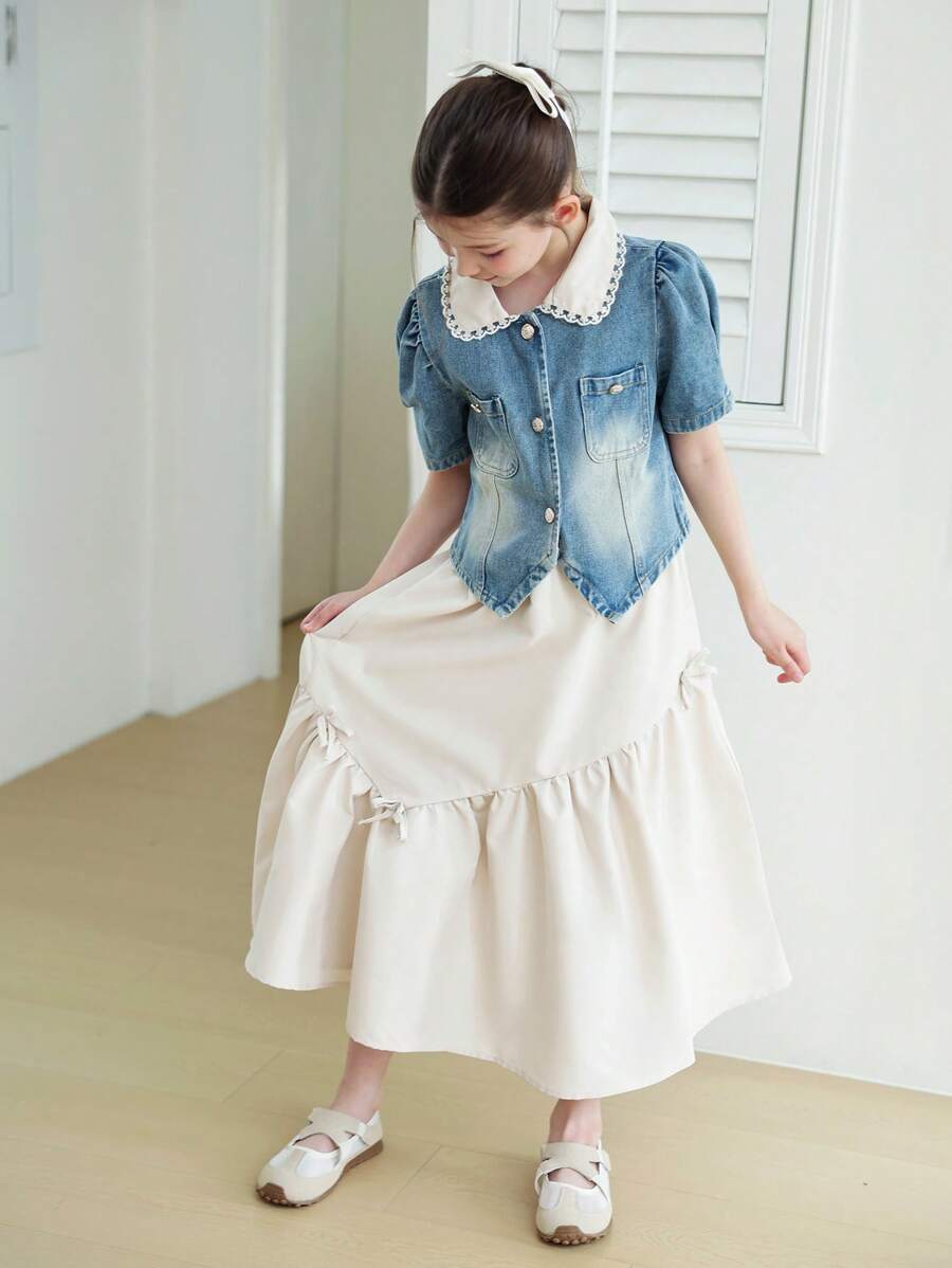Tween-Mädchen 2-teiliges Set mit kontrastfarbenem Kragen, Puffärmeln, Jeansjacke und Camisole-Kleid mit Schleife - Aprikosenfarben - Übersicht 1