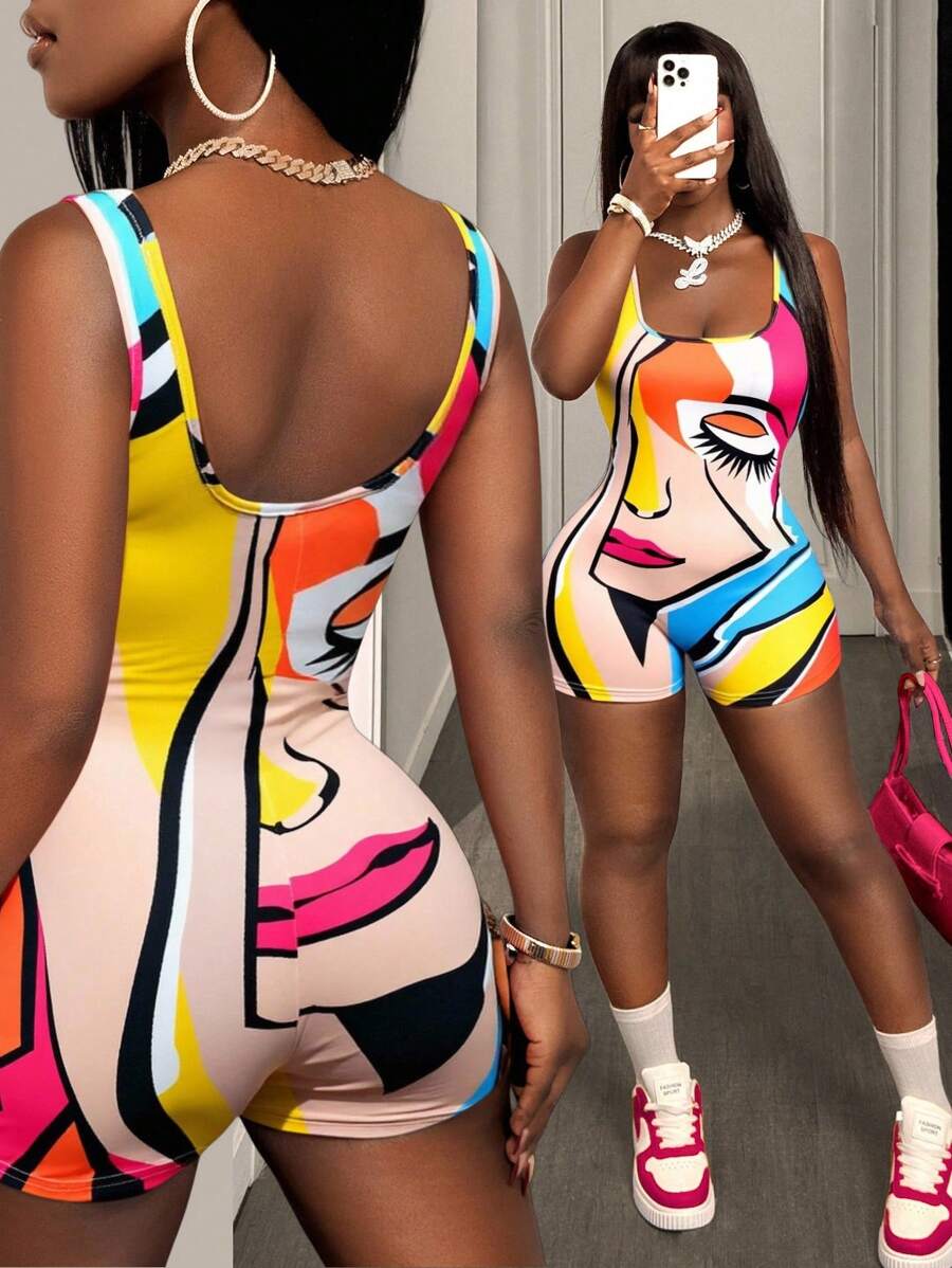 BamGleam Women Sleeveless Abstract Face Print Tight Jumpsuit - Multicolor - View 1