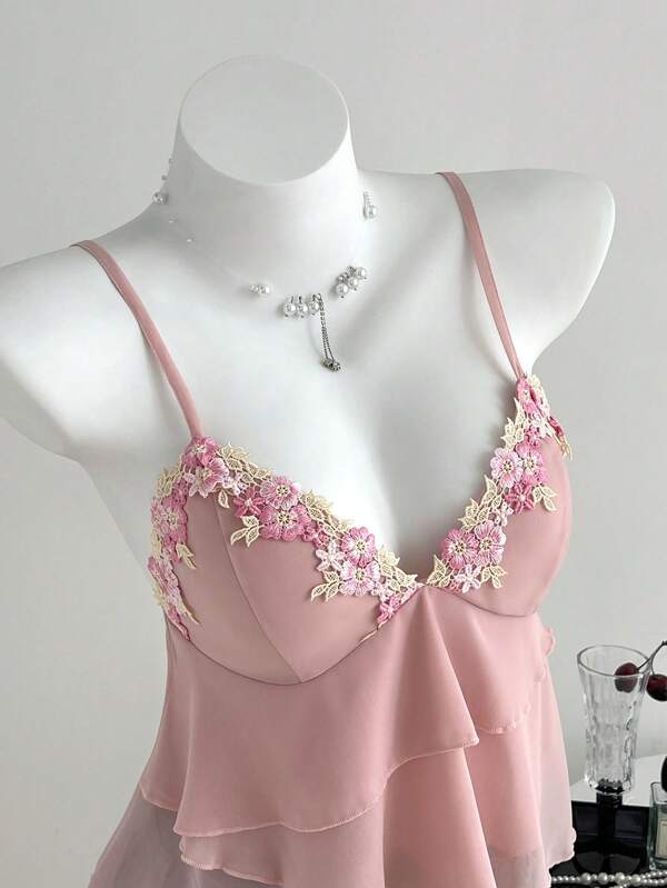 Elamini Women's Summer Sexy Asymmetrical Hem Embroidery Lace Chiffon Camisole Vest Top, Romantic Holiday Style