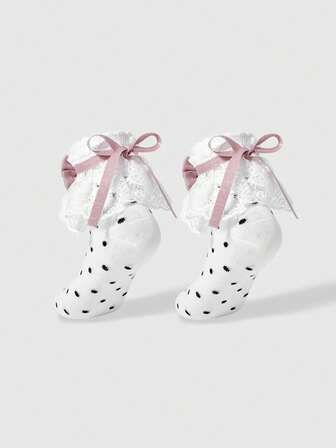 Kawaii Damen Socken in Knielänge mit Polka-Punkt-Muster und Spitzen-Rüschen-Saum