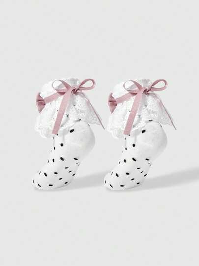 Kawaii Women's Polka Dot Pattern Lace Ruffle Trim Mid-Calf Socks